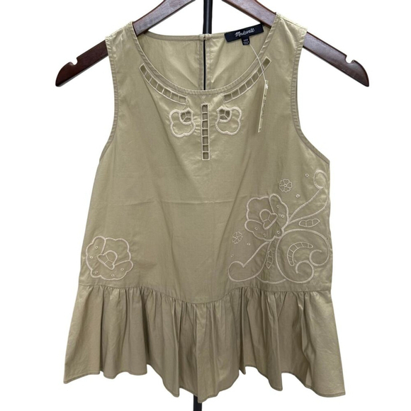 Madewell Ash Green Embroidered Peplum Tank Top | Sleeveless Cotton Blouse β XXS - Picture 3 of 6